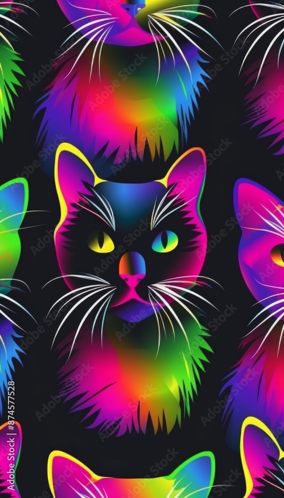 Vibrant neon watercolor background with playful geometric cats in colorful smiling expressions Vibrant neon watercolor background with playful geometric cats in colorful smiling expressions