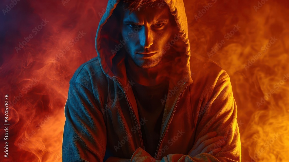 Fototapeta premium man in a hooded jacket standing in front of a fire