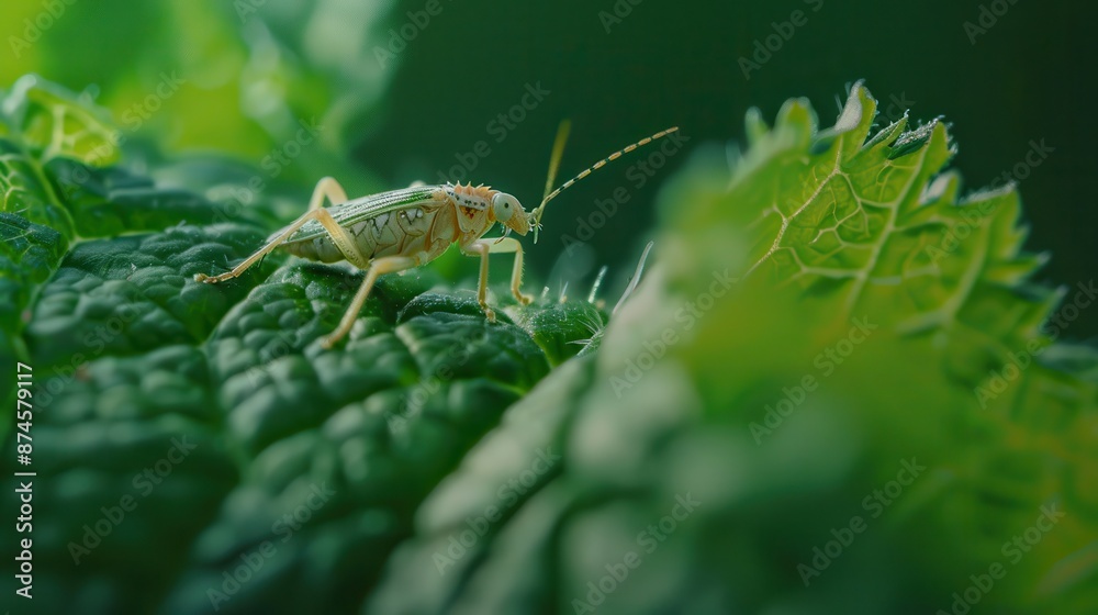 Naklejka premium A macro photograph illustration of a tiny insect on a leaf, capturing minute details and textures with a soft focus