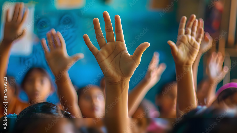 Close up of elementary student hands raised hand for answering question. Close up of elementary student hands raised hand for answering question.