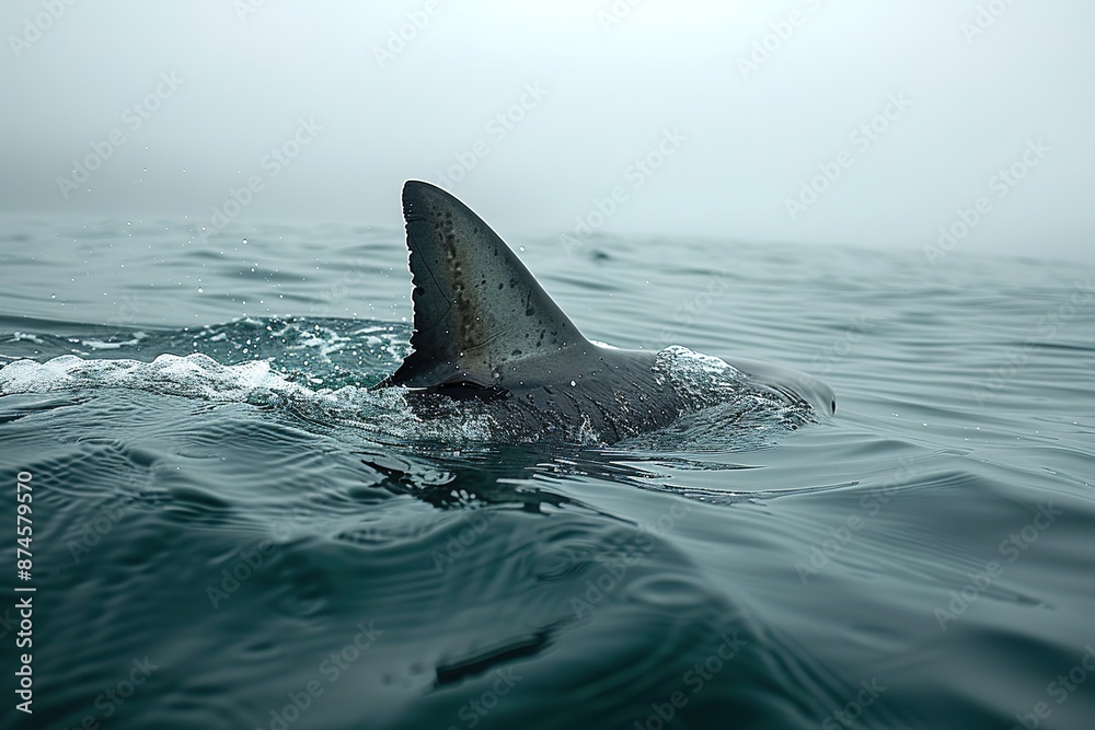 Naklejka premium shark fin on surface of ocean agains blue cloudy sky