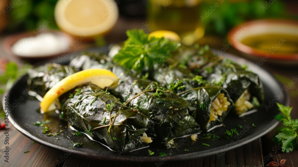 greek cuisine, classic greek appetizer dolmades grape leaves filled with rice and herbs, drizzled with lemon juice, a delicious must-try dish from local cuisine greek cuisine, classic greek appetizer dolmades grape leaves filled with rice and herbs, drizzled with lemon juice, a delicious must-try dish from local cuisine