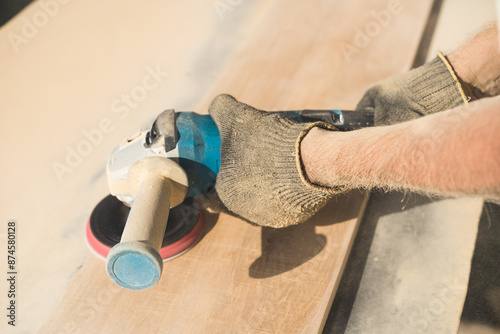 Grinding of an oak board with an angle grinder