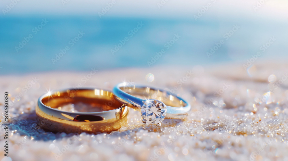 Romantic Engagement Rings on Beach Background. Perfect Wedding Jewelry with Ocean View Setting Romantic Engagement Rings on Beach Background. Perfect Wedding Jewelry with Ocean View Setting