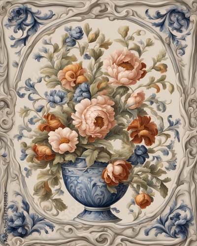 Detailed illustration of a ceramic tile with floral arrangement in a decorative vase design, featuring blue and orange flowers with green leaves, set against an ornate background, Generative AI.