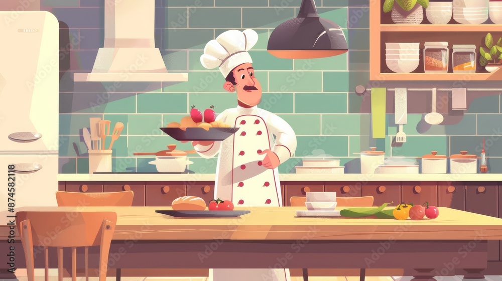 Cartoon chef character holding a silver dish in his hand. Restaurant kitchen interior with furniture and utensils. Fresh food ingredients on a wooden table. Vector design. Cartoon chef character holding a silver dish in his hand. Restaurant kitchen interior with furniture and utensils. Fresh food ingredients on a wooden table. Vector design.