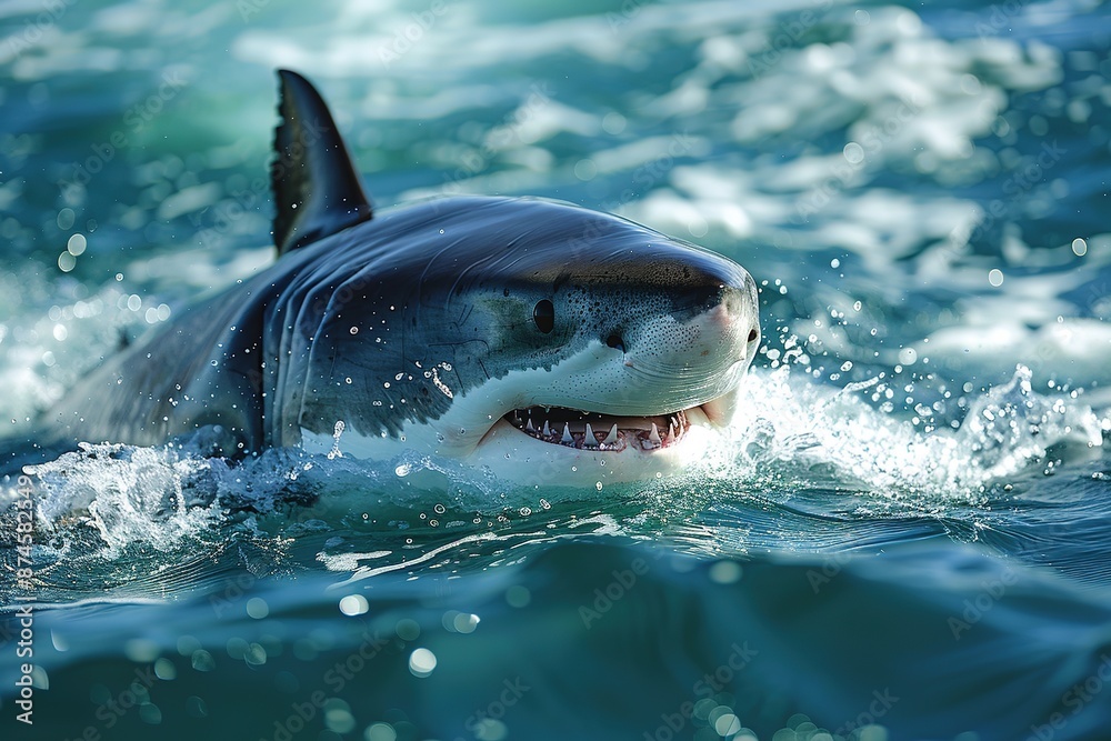 Obraz premium A very scary white shark with an open mouth in the ocean. A cinematic attack