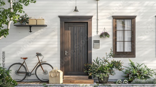 Modern exterior of a home with a front porch, packages, and a bicycle, set against a white background, creating a welcoming and practical residential scene