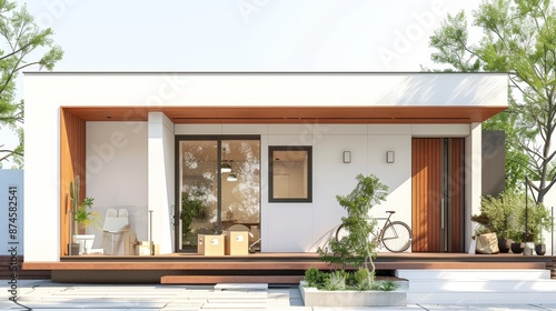 Modern exterior of a home with a front porch, packages, and a bicycle, set against a white background, creating a welcoming and practical residential scene