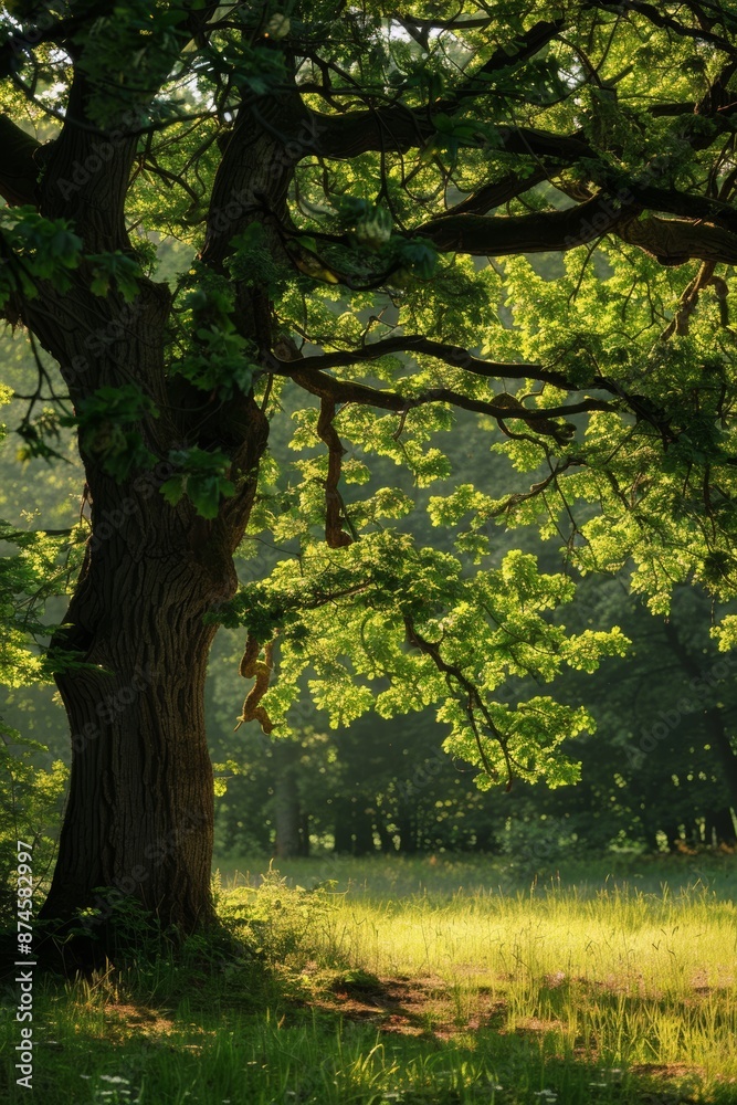 The large green tree in the foreground is on the left in the woods, with a sickly green branch growing from the tree to the right The large green tree in the foreground is on the left in the woods, with a sickly green branch growing from the tree to the right