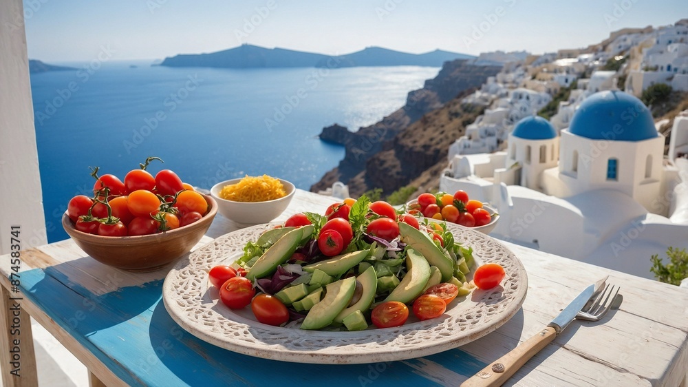 Fototapeta premium Lunch with Mediterranean food with a sea view on a Greek island