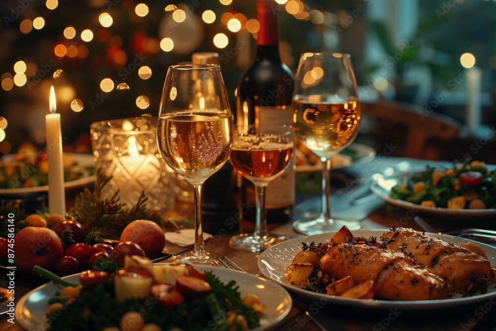 Festive Holiday Dinner Table Setting With Wine Glasses and Roasted Chicken