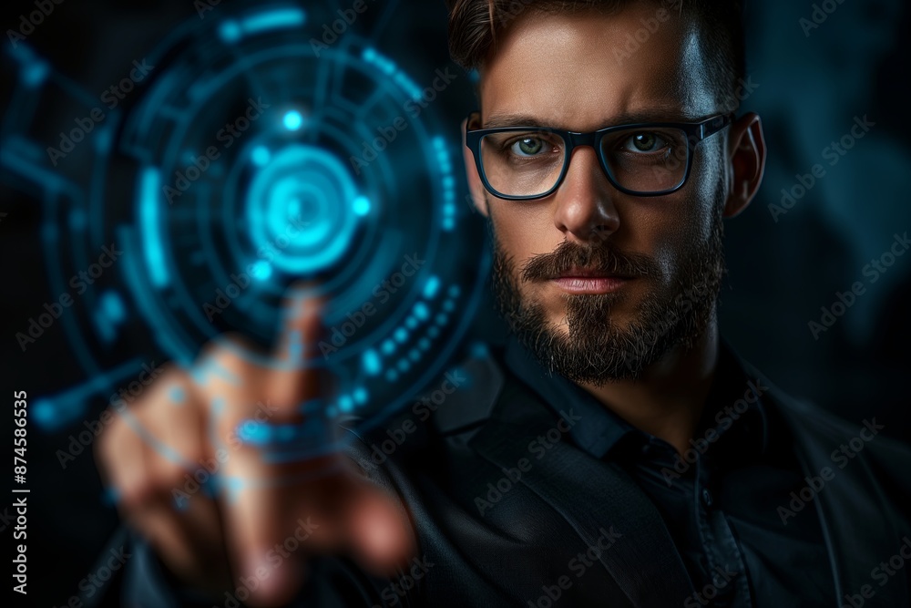 Hands of businessman touching virtual screen with binary code, high tech button Technology concept Hands of businessman touching virtual screen with binary code, high tech button Technology concept