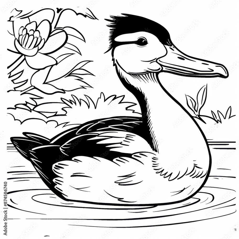 Obraz premium Black and white line art of a duck swimming in a pond, surrounded by plants, ideal for coloring activities.