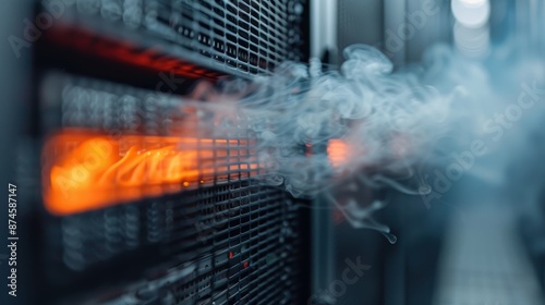 A close-up view of a server rack, engulfed in bright flames, captures a highly hazardous event inside the data center, with potential catastrophic implications for the hardware. photo