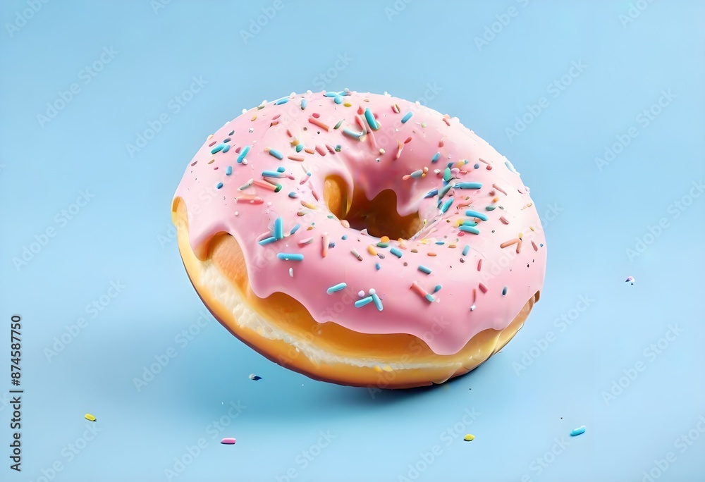 A pink glazed donut with colorful sprinkles on a light blue background