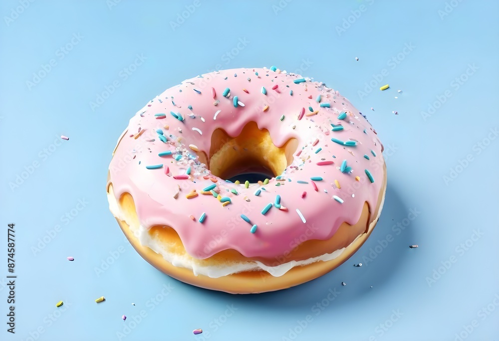 A pink glazed donut with colorful sprinkles on a light blue background A pink glazed donut with colorful sprinkles on a light blue background