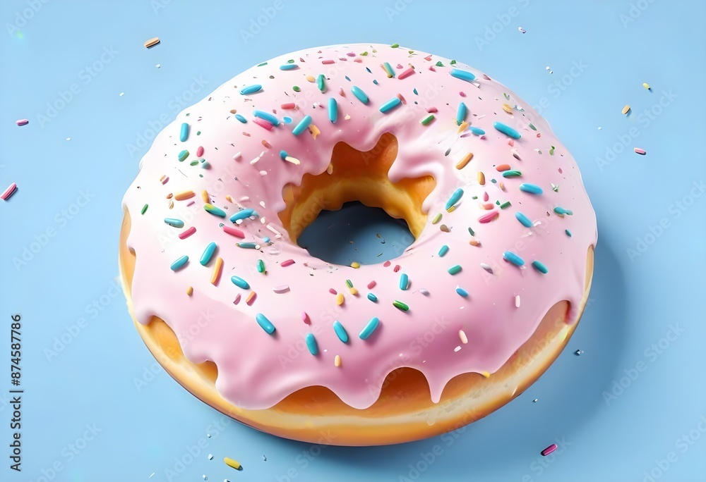 A pink glazed donut with colorful sprinkles on a light blue background A pink glazed donut with colorful sprinkles on a light blue background