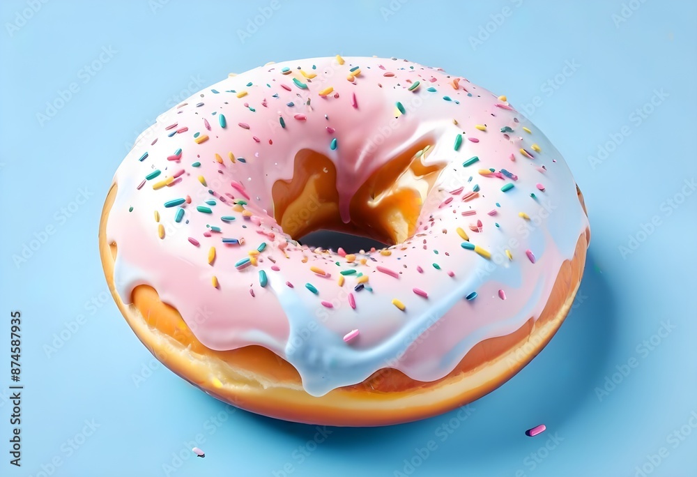 A pink glazed donut with colorful sprinkles on a light blue background