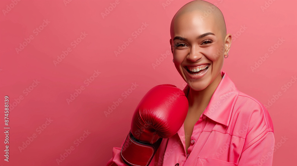 Bald beautiful woman wearing pink shirt and smiling with a boxing glove above on pink background Bald beautiful woman wearing pink shirt and smiling with a boxing glove above on pink background