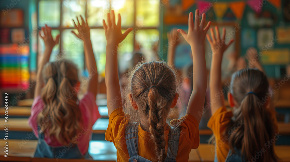Enthusiastic children in the classroom at elementary school.
Enthusiastic children in the classroom at elementary school.
