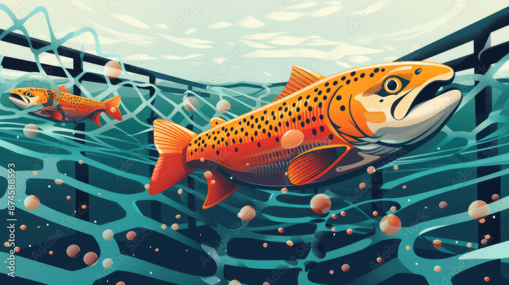Naklejka premium Digital artwork depicting two fish swimming in a netted environment, highlighting marine life and fishing industry concepts.