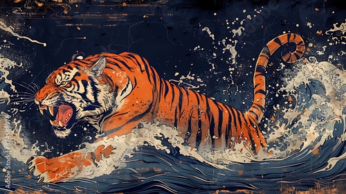 angry tiger illustration on sukajan