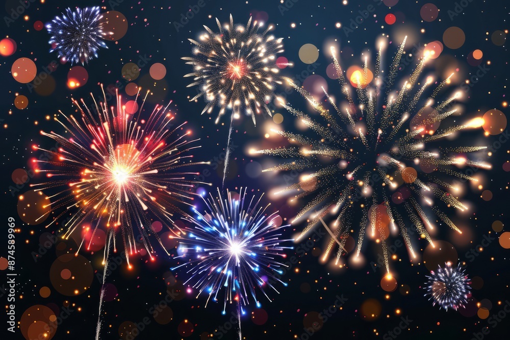 Fototapeta premium Fireworks with brightly shining sparks. Bright fireworks explosions isolated on transparent background. Festive sparks and explosions. Realistic light effect 