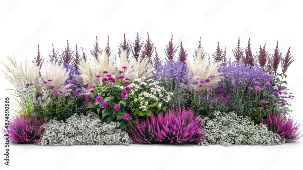 Naklejka premium Vibrant flower bed with a mix of lavender and white ornamental grasses, set against a white background, creating a colorful and serene garden scene