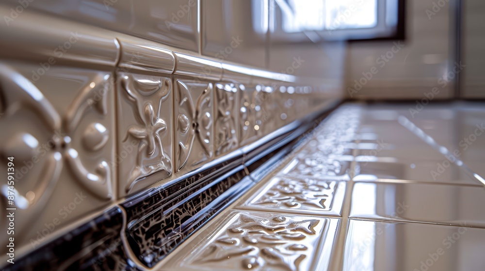 A detailed shot of a glossy ceramic tile with a decorative border A detailed shot of a glossy ceramic tile with a decorative border