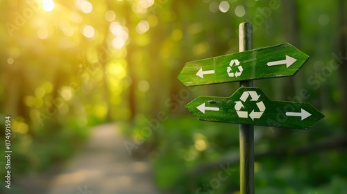 Eco-Friendly Signpost in Park with Recycling Directions, Blurry Environment Background - Go Green Concept