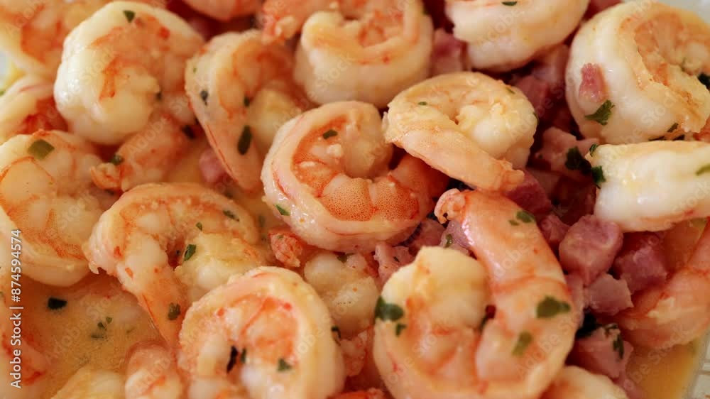 Quick and healthy Asian meal made with fried shrimps, bacon and spices in a bowl on the table. Close-up tiger shrimps cooking. Top view, directly shot from above. Quick and healthy Asian meal made with fried shrimps, bacon and spices in a bowl on the table. Close-up tiger shrimps cooking. Top view, directly shot from above.