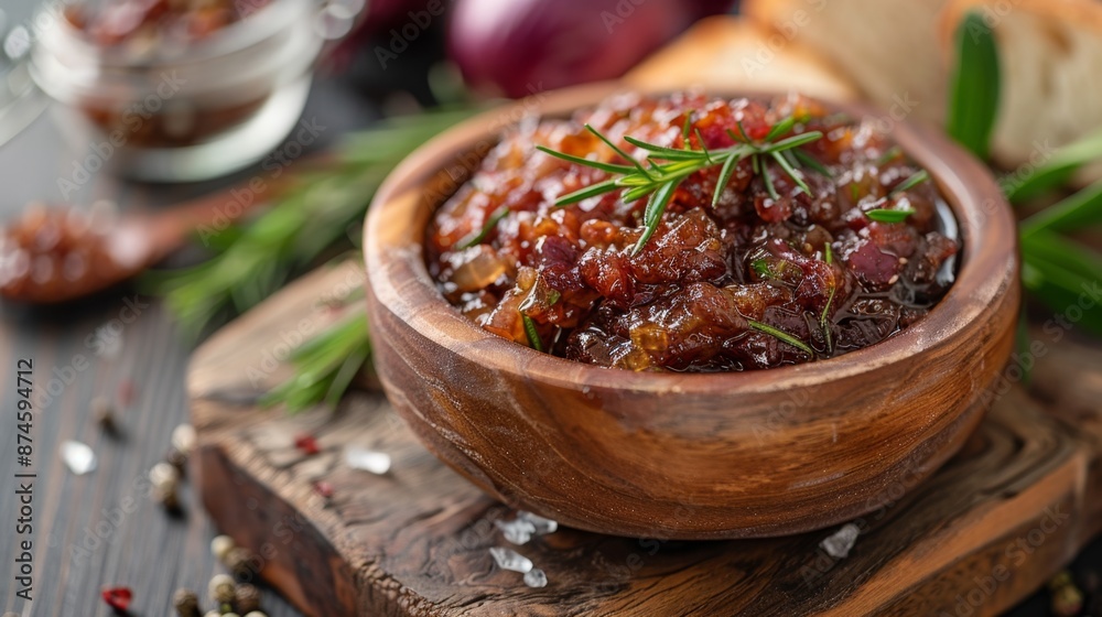 gourmet condiments, enjoy delectable bacon jam on a wooden board, a tasty option for breakfast or brunch ideal addition to any menu