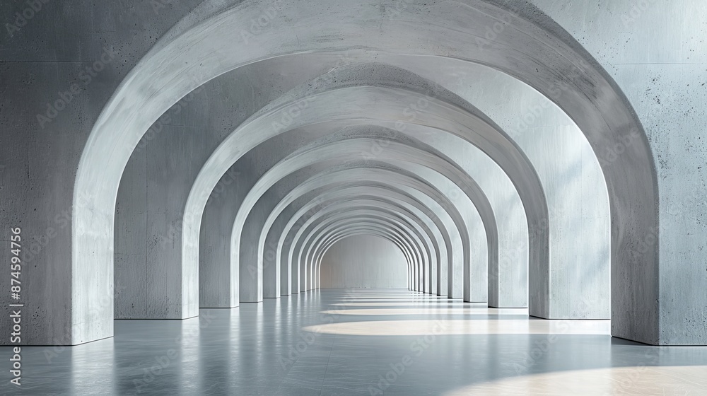 Minimalist interior with a series of gray concrete arches and a smooth floor, creating a serene and spacious environment Minimalist interior with a series of gray concrete arches and a smooth floor, creating a serene and spacious environment