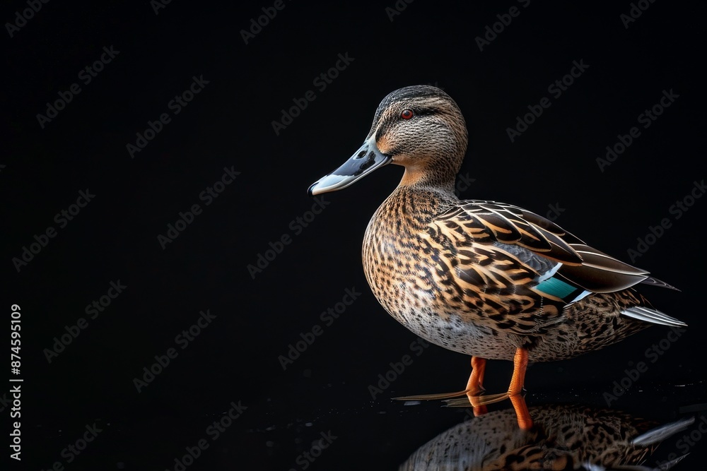 the beside view Blue-winged Teal, left side view, white copy space on right, isolated on black background the beside view Blue-winged Teal, left side view, white copy space on right, isolated on black background