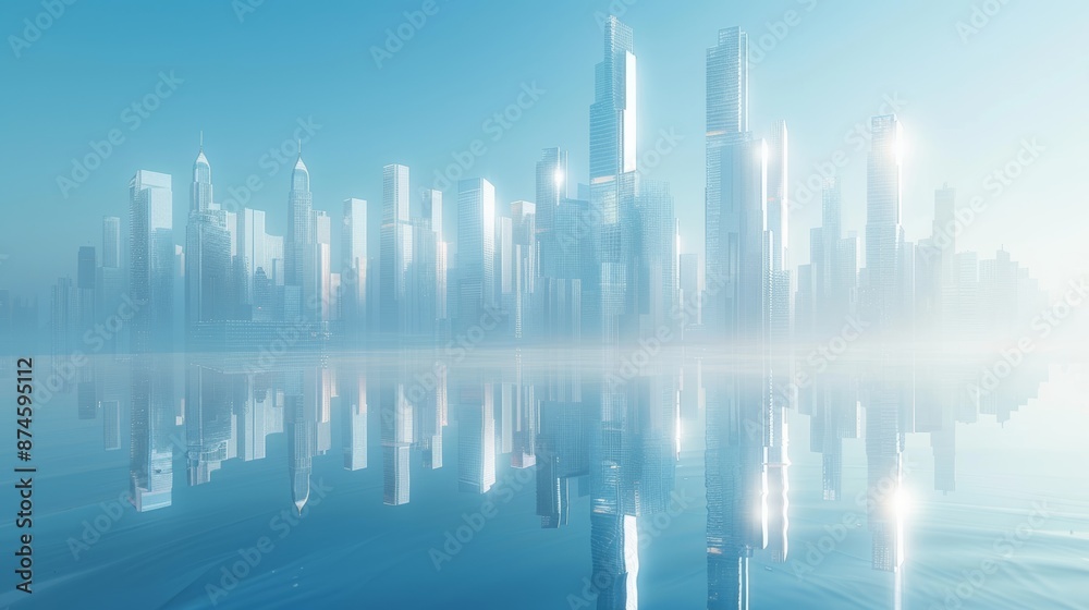 Futuristic cityscape with tall skyscrapers and reflective surfaces, set against a clear blue sky, creating a sense of modernity and innovation Futuristic cityscape with tall skyscrapers and reflective surfaces, set against a clear blue sky, creating a sense of modernity and innovation