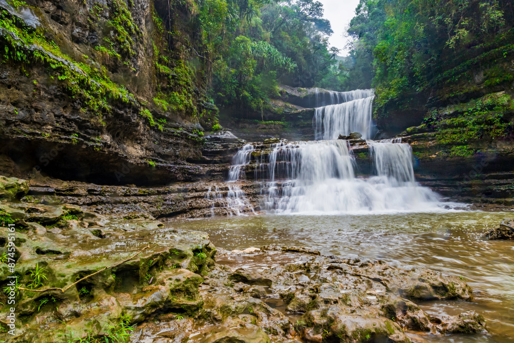 Fototapeta premium Beautiful view of wei sawdong falls in megahalaya cherrapunji. The best tourist attraction in cherrapunji meghalaya in India.