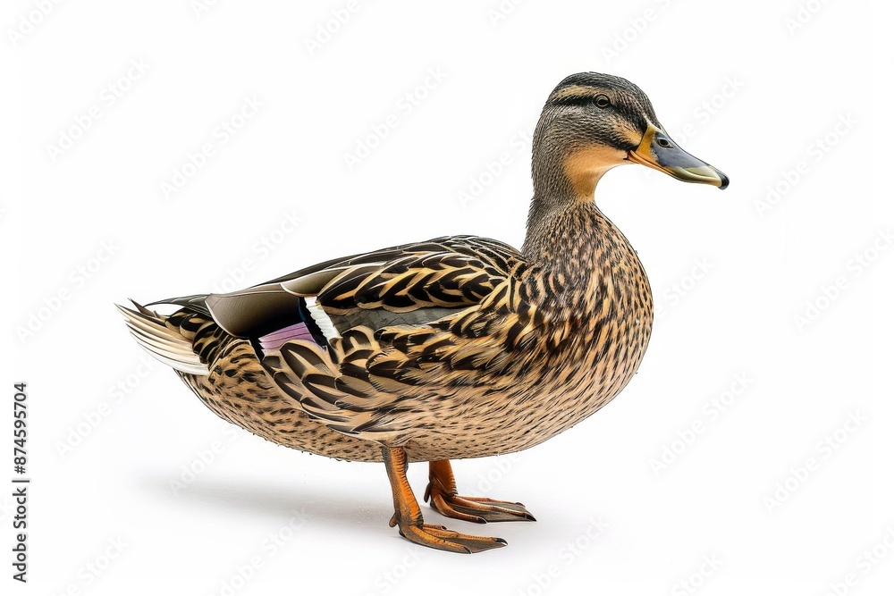 the beside view of a Indian Spot-billed Duck, left side view, white copy space on right, dutch angle view, isolated on white background the beside view of a Indian Spot-billed Duck, left side view, white copy space on right, dutch angle view, isolated on white background
