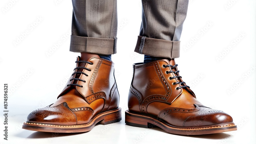 Male legs in brogue boots on a white background Male legs in brogue boots on a white background