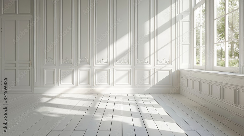 Obraz premium Minimalist interior with vertical white paneling and soft natural light, creating a clean and serene atmosphere