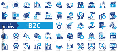 B2C icon collection set. Containing business model, customer, service, selling, product, direct selling, retailer icon. Simple flat vector