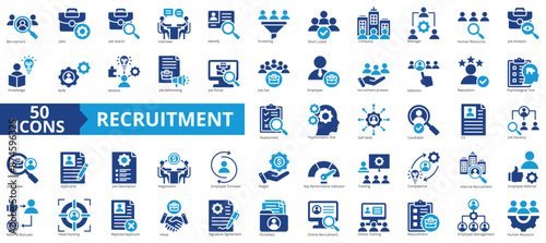 Recruitment icon collection set. Containing job search, interview, job fair, screening, short listed, employee icon. Simple flat vector