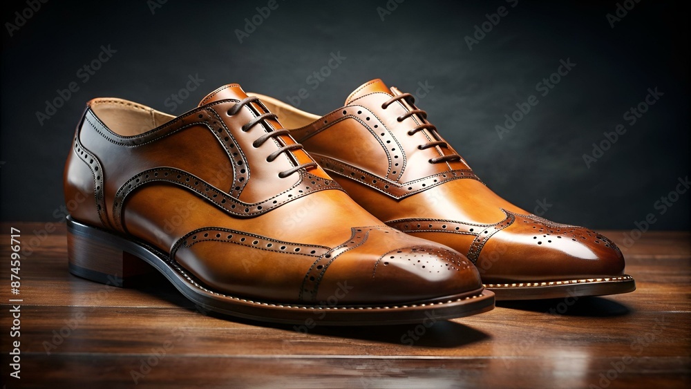 A pair of brown leather Oxford shoes showcased against a dark backdrop, symbolizing classic style and elegance.