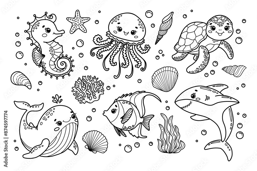 Fototapeta premium Set of vector illustrations of cute sea animals. Seahorse, jellyfish, whale, fish, shark, turtle, coral, shells 