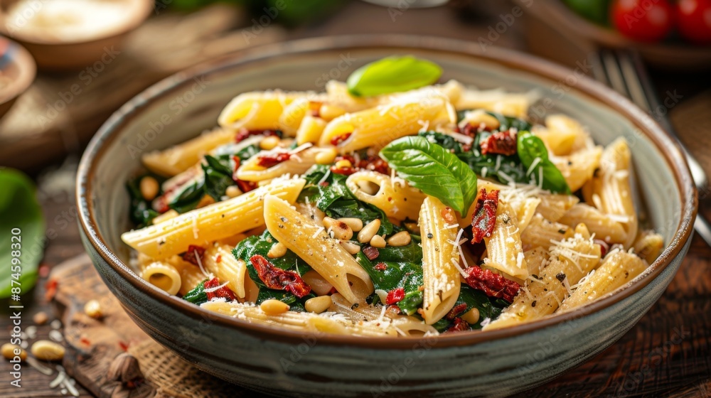 gourmet pasta salad, penne pasta mixed with spinach, sun-dried tomatoes, pine nuts, and parmesan a gourmet take on the traditional pasta salad gourmet pasta salad, penne pasta mixed with spinach, sun-dried tomatoes, pine nuts, and parmesan a gourmet take on the traditional pasta salad