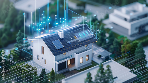 modern house with solar panels on the roof surrounded by digital connections and data streams symbolizing smart home technology for sustainable energy in an urban environment