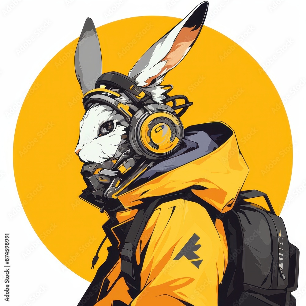 Cyberpunk rabbit with futuristic headphones, backpack and yellow jacket ...