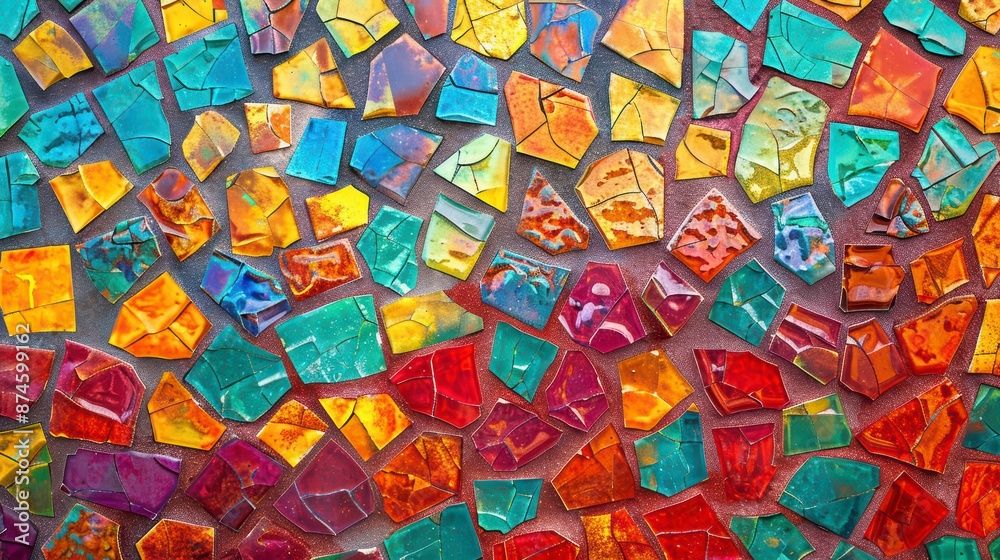 A detailed view of a mosaic tile with vibrant colors and a glossy finish A detailed view of a mosaic tile with vibrant colors and a glossy finish