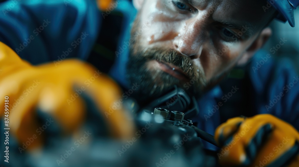 A detailed close-up of a worker wearing protective gloves and using tools to repair an intricate part of machinery, showcasing precision and mechanical expertise.