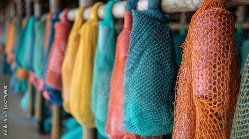 colorful fishing nets drying on wooden posts at a fish farm showcase sustainable aquaculture and traditional fishing industry practices